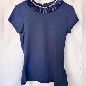 Ted Baker Navy Short-Sleeve Top with Pleated Pearl-Trim Collar